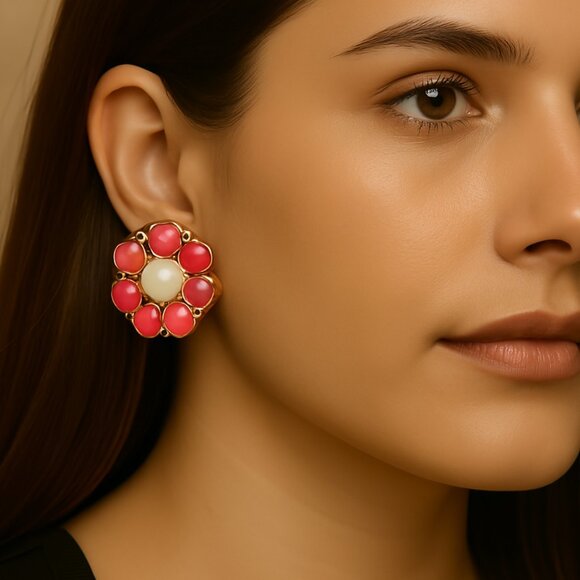 CUSP by Neiman Marcus Floral Stud Earrings 0.75" Pink, White & Gold-Tone Jewelry - Picture 1 of 10